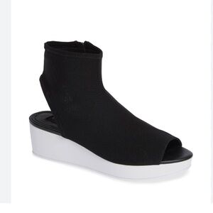 Donna Karan Riviera Cutout Platform Booties. Side Zip, Stretchy Fabric Upper.